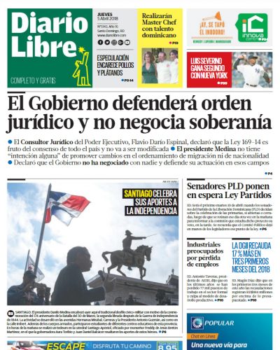 Portada Periódico Diario Libre, Jueves 05 de Abril 2018