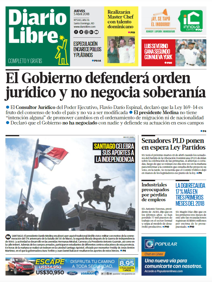 Portada Periódico Diario Libre, Jueves 05 de Abril 2018