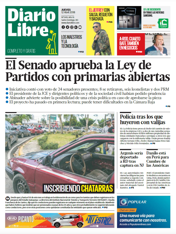 Portada Periódico Diario Libre, Jueves 12 de Abril 2018