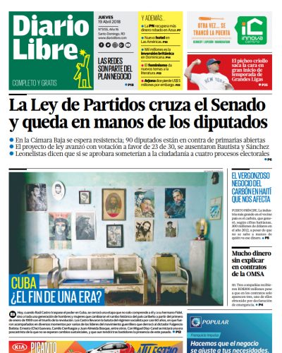 Portada Periódico Diario Libre, Jueves 19 de Abril 2018
