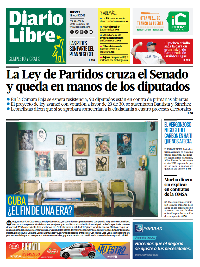 Portada Periódico Diario Libre, Jueves 19 de Abril 2018