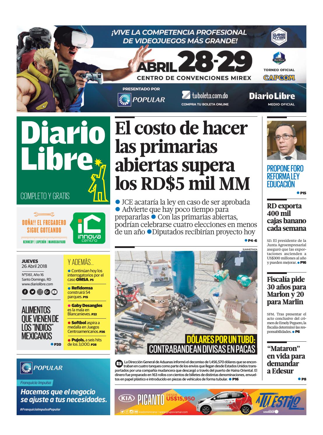 Portada Periódico Diario Libre, Jueves 26 de Abril 2018
