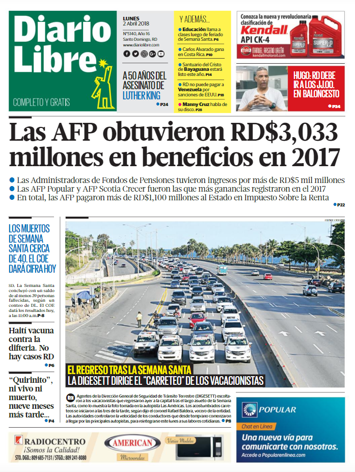 Portada Periódico Diario Libre, Lunes 02 de Abril 2018