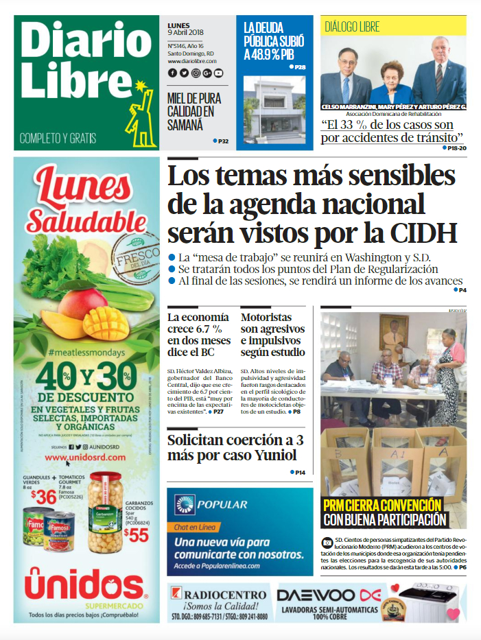 Portada Periódico Diario Libre, Lunes 09 de Abril 2018