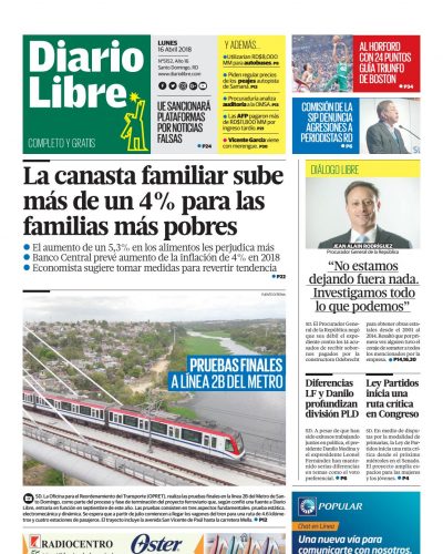 Portada Periódico Diario Libre, Lunes 16 de Abril 2018