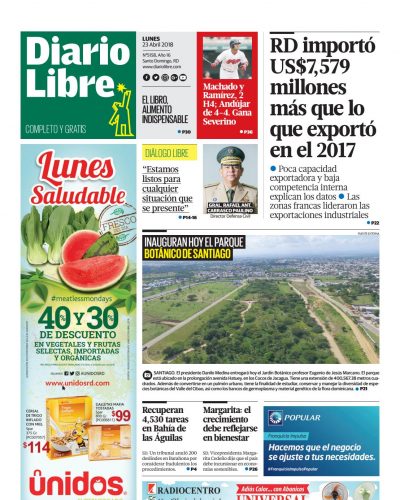 Portada Periódico Diario Libre, Lunes 23 de Abril 2018