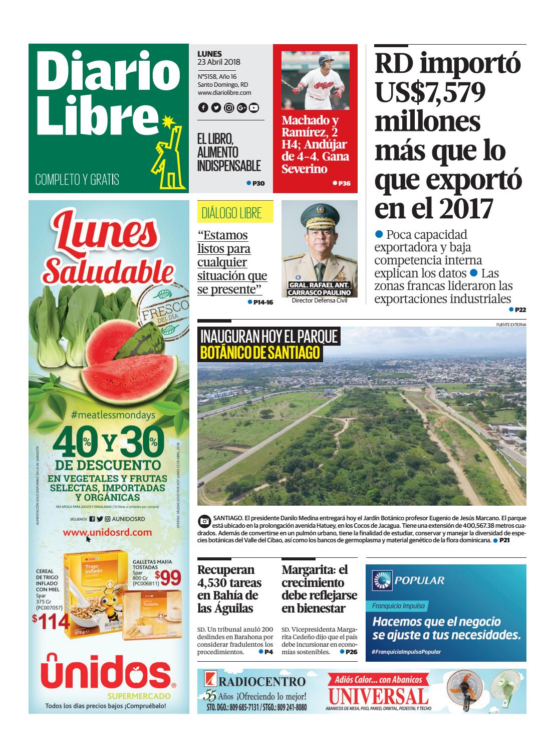 Portada Periódico Diario Libre, Lunes 23 de Abril 2018