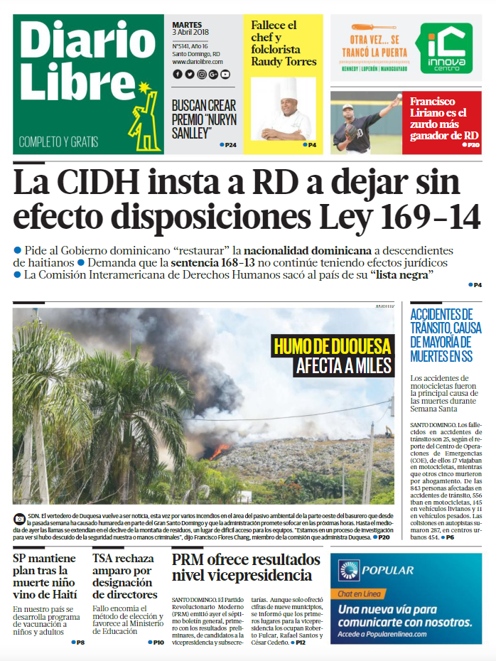 Portada Periódico Diario Libre, Martes 03 de Abril 2018