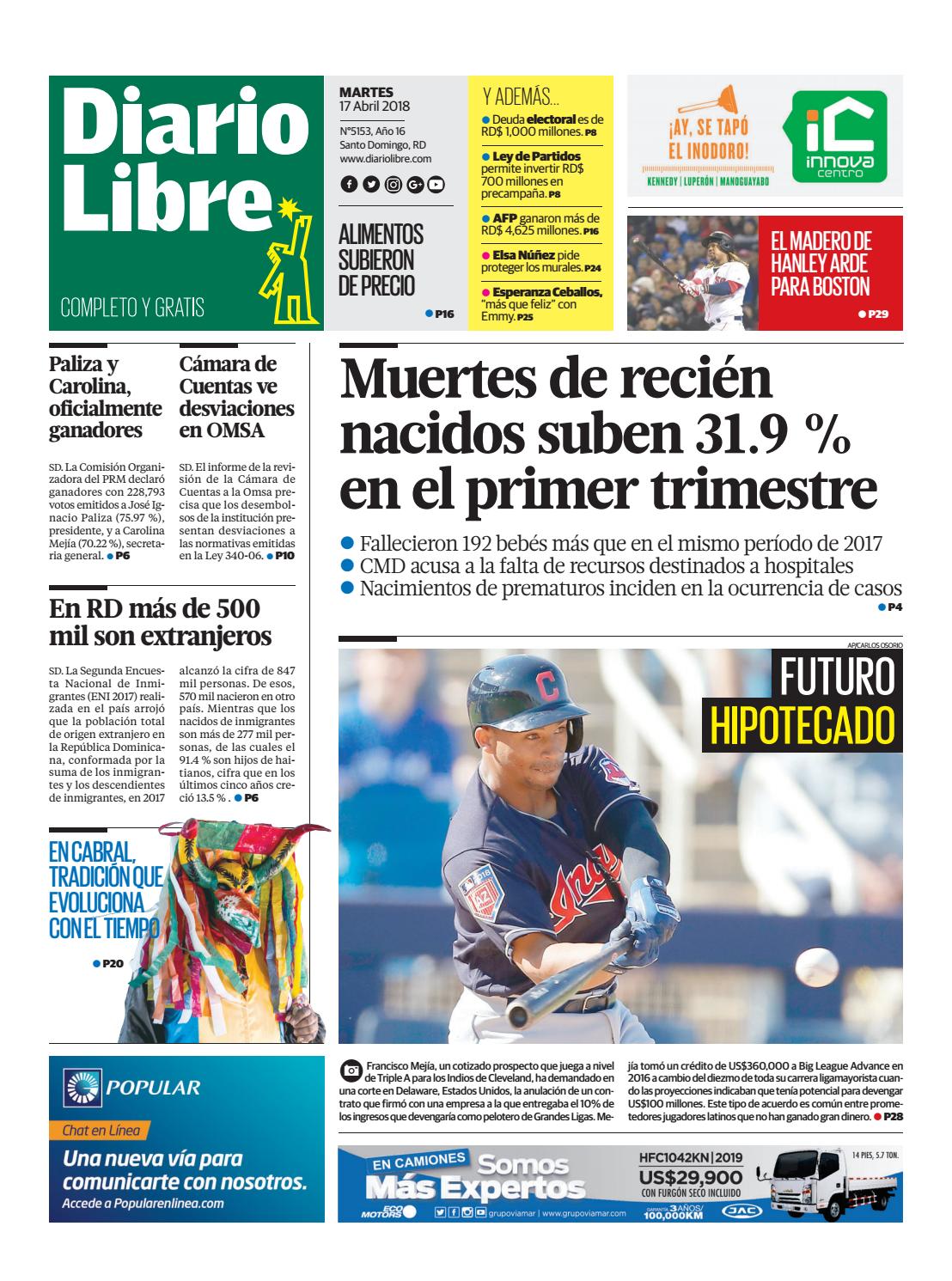 Portada Periódico Diario Libre, Martes 17 de Abril 2018