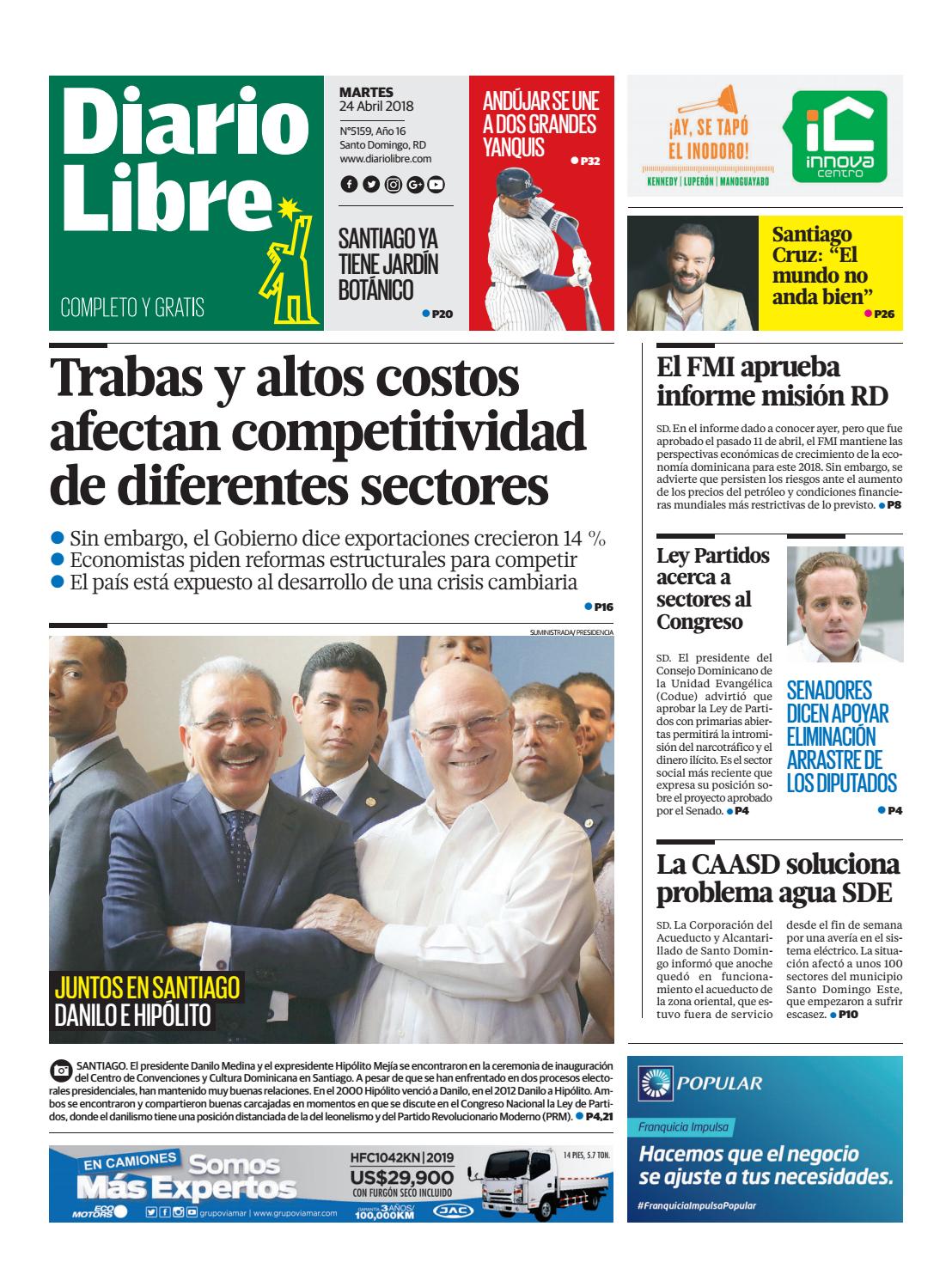 Portada Periódico Diario Libre, Martes 24 de Abril 2018