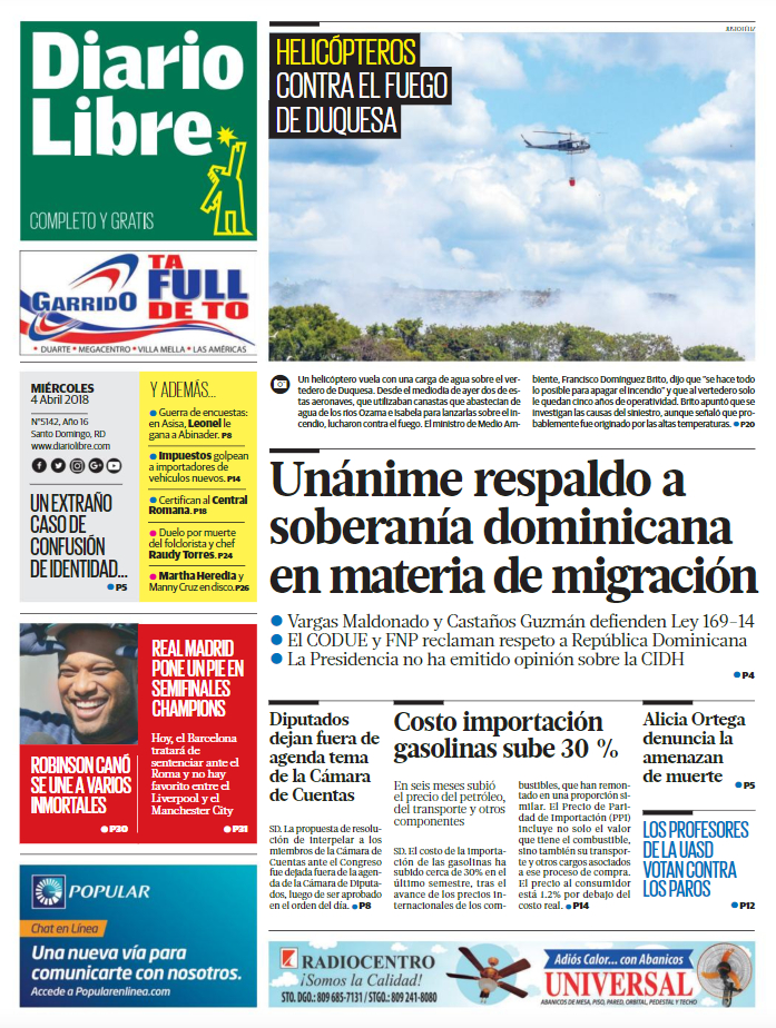 Portada Periódico Diario Libre, Miércoles 04 de Abril 2018