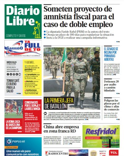 Portada Periódico Diario Libre, Miércoles 11 de Abril 2018