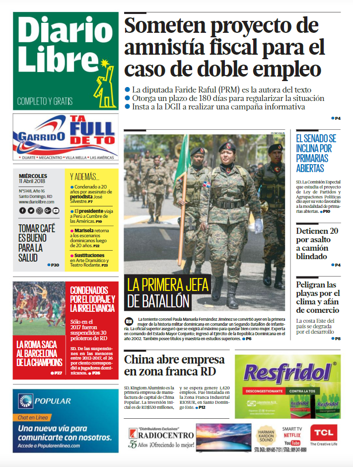 Portada Periódico Diario Libre, Miércoles 11 de Abril 2018