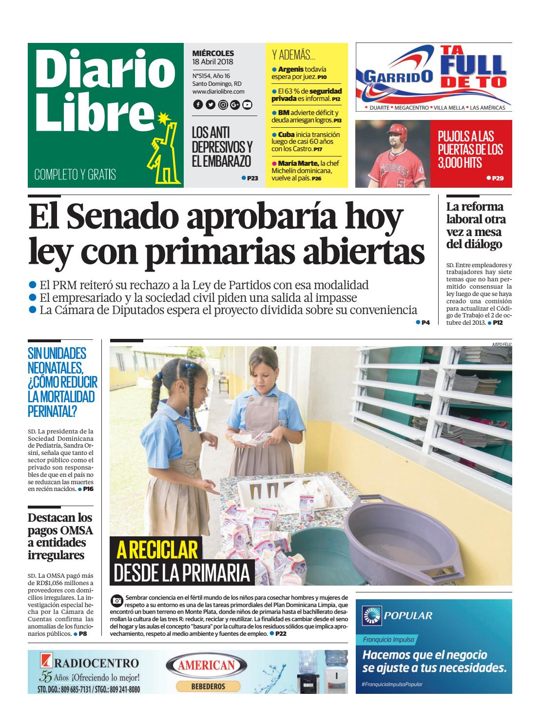 Portada Periódico Diario Libre, Miércoles 18 de Abril 2018