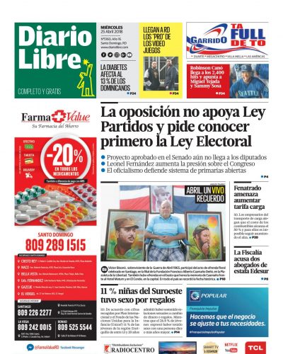 Portada Periódico Diario Libre, Miércoles 25 de Abril 2018