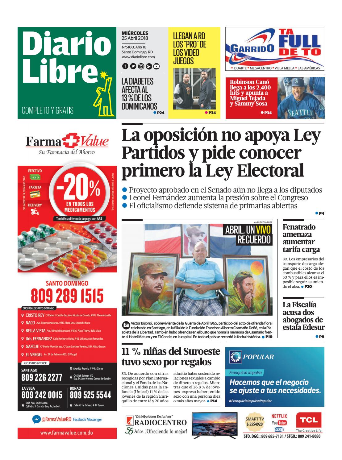 Portada Periódico Diario Libre, Miércoles 25 de Abril 2018