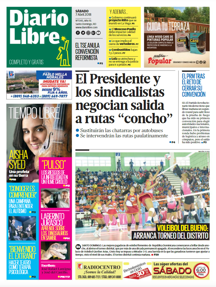 Portada Periódico Diario Libre, Sábado 07 de Abril 2018