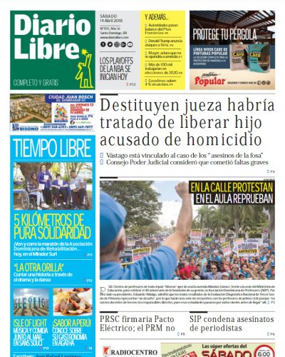 Portada Periódico Diario Libre, Sábado 14 de Abril 2018