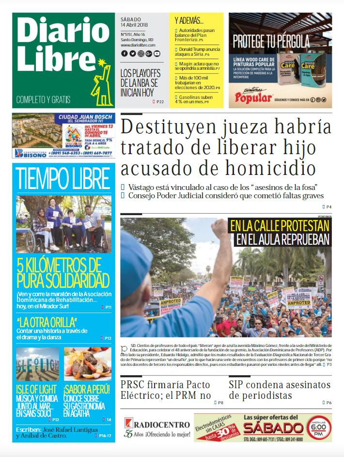 Portada Periódico Diario Libre, Sábado 14 de Abril 2018
