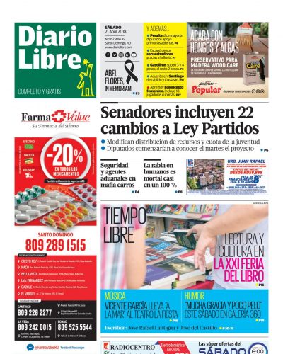 Portada Periódico Diario Libre, Sábado 21 de Abril 2018