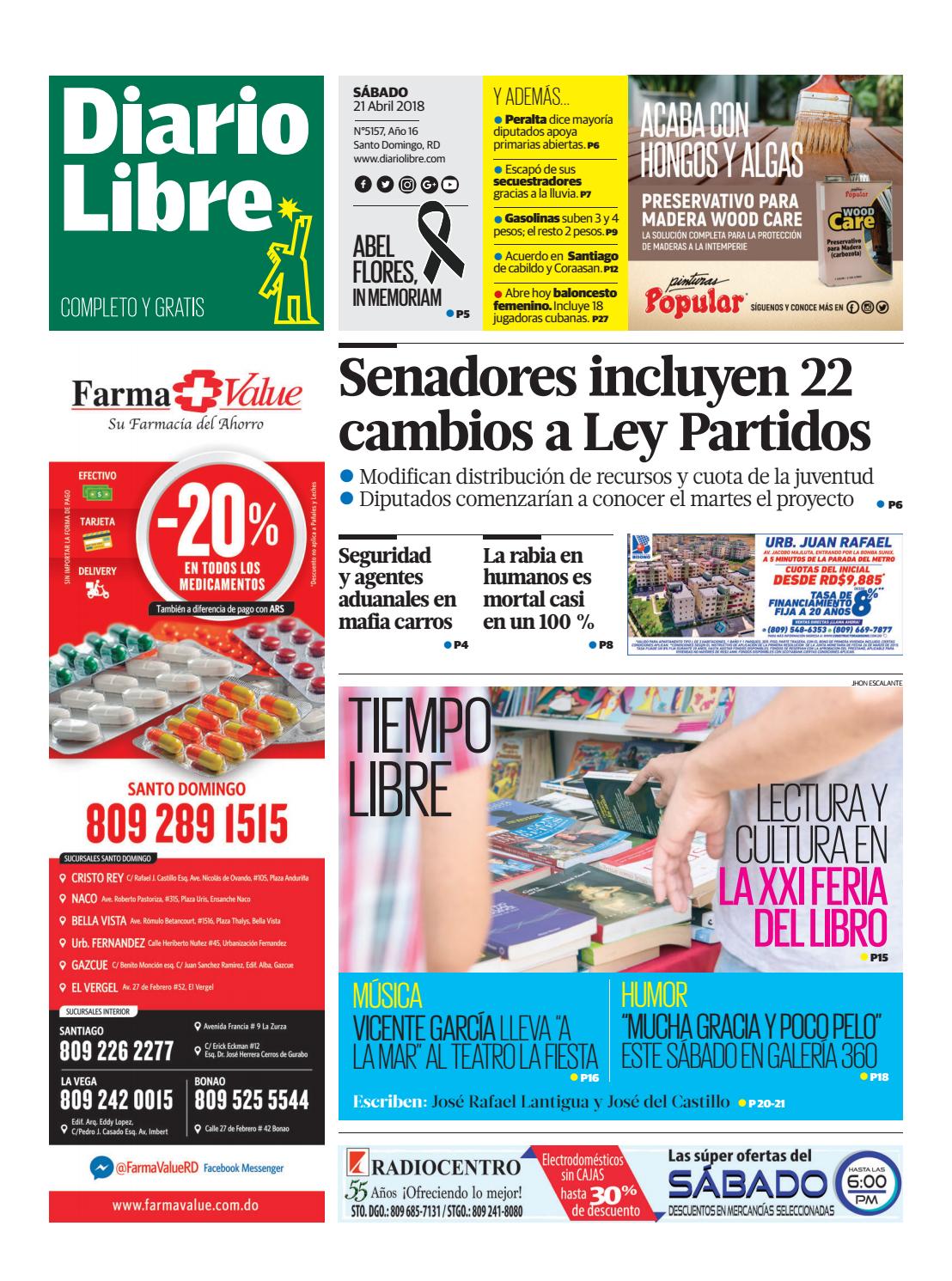 Portada Periódico Diario Libre, Sábado 21 de Abril 2018