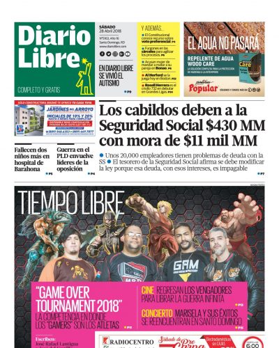 Portada Periódico Diario Libre, Sábado 28 de Abril 2018