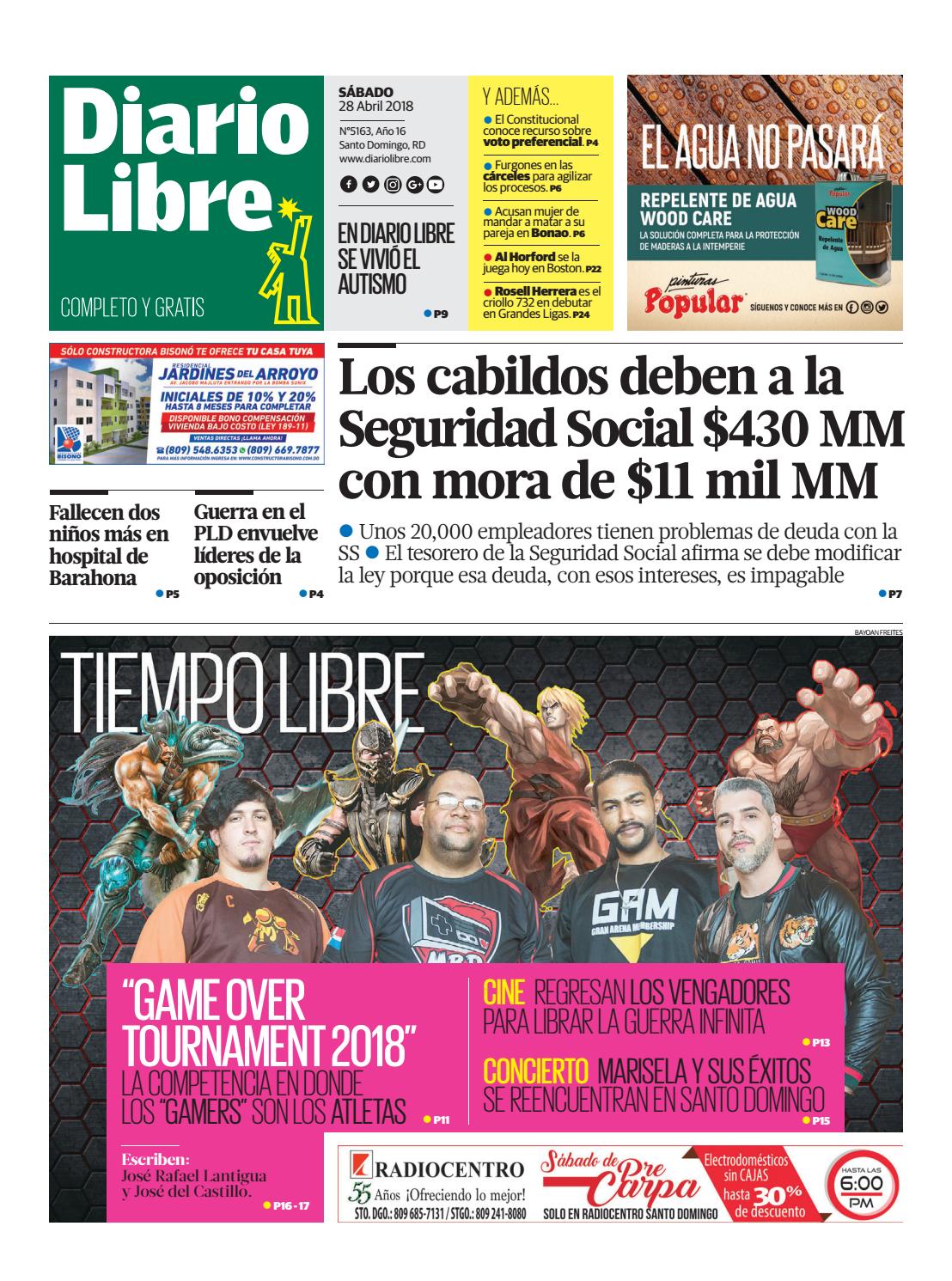 Portada Periódico Diario Libre, Sábado 28 de Abril 2018