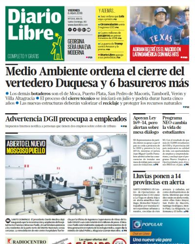 Portada Periódico Diario Libre, Viernes 06 de Abril 2018