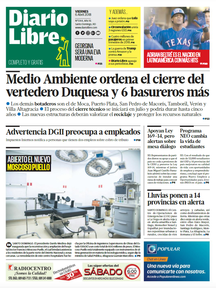 Portada Periódico Diario Libre, Viernes 06 de Abril 2018