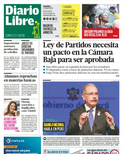 Portada Periódico Diario Libre, Viernes 13 de Abril 2018