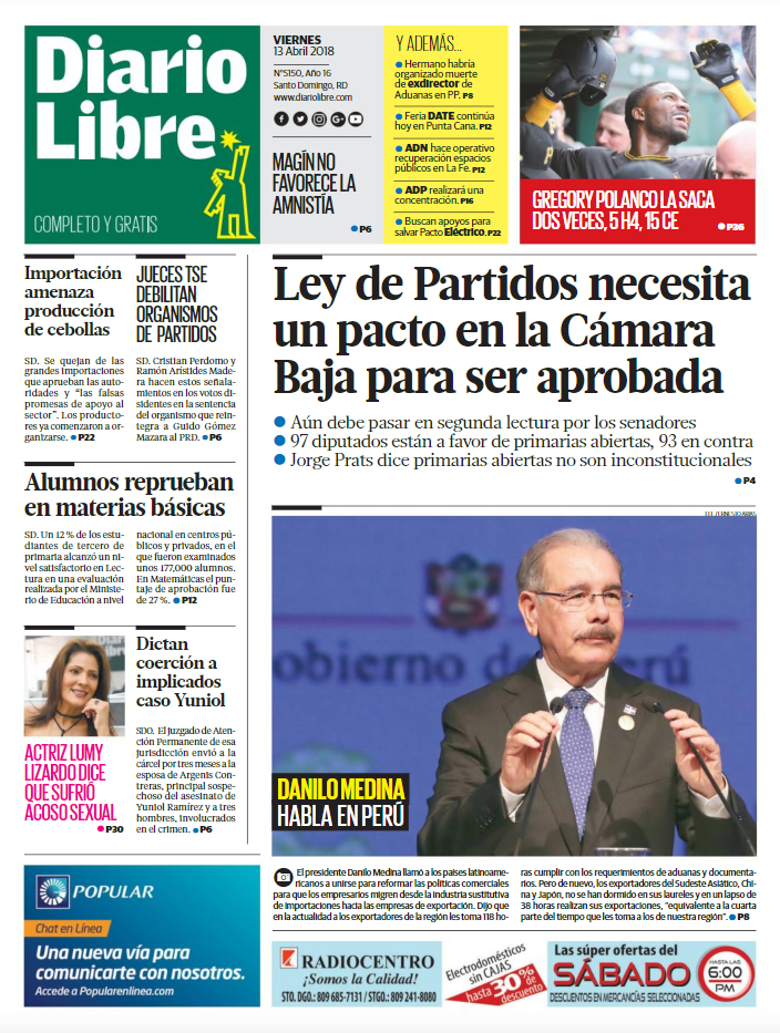 Portada Periódico Diario Libre, Viernes 13 de Abril 2018