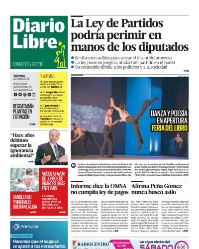 Portada Periódico Diario Libre, Viernes 20 de Abril 2018