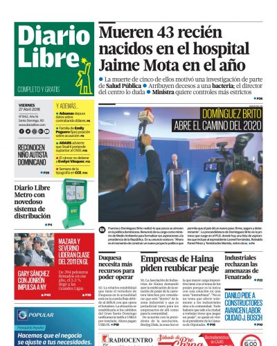 Portada Periódico Diario Libre, Viernes 27 de Abril 2018