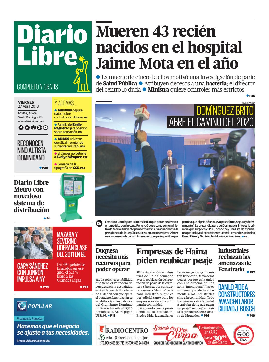 Portada Periódico Diario Libre, Viernes 27 de Abril 2018