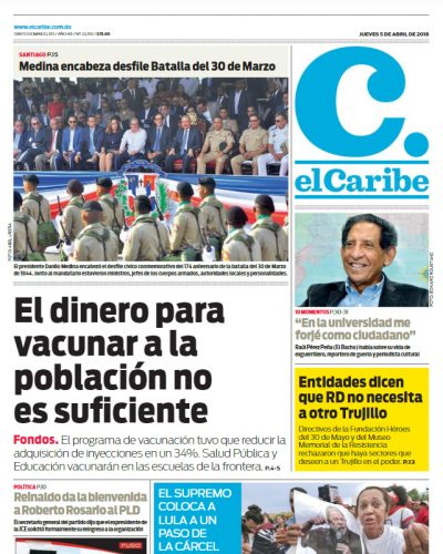 Portada Periódico El Caribe, Jueves 05 de Abril 2018