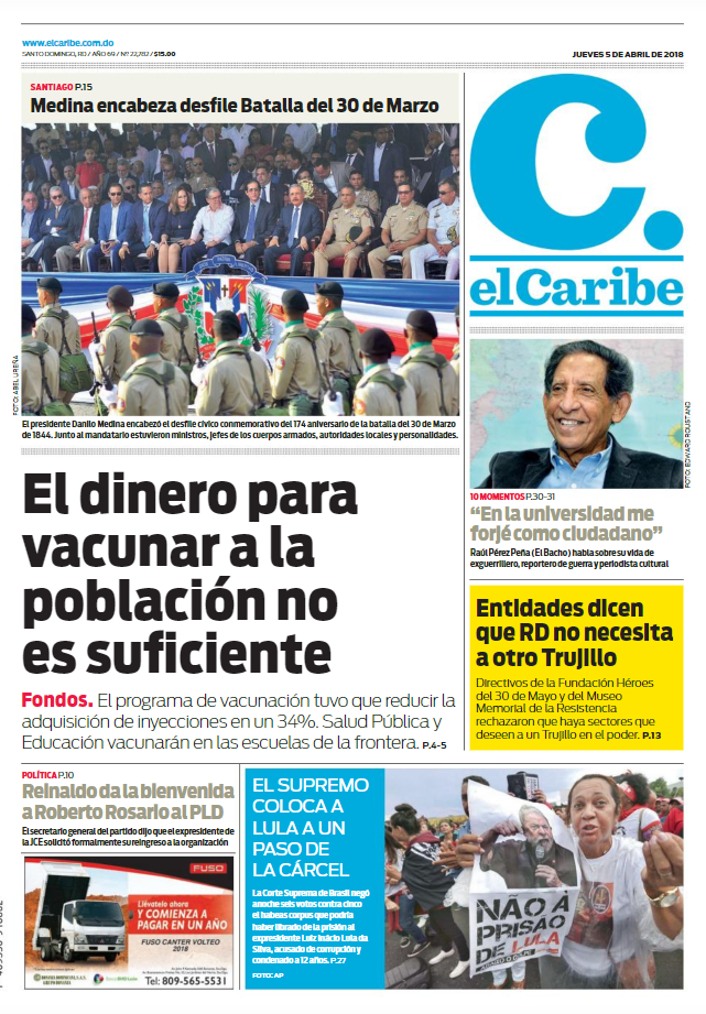 Portada Periódico El Caribe, Jueves 05 de Abril 2018