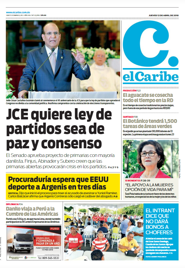 Portada Periódico El Caribe, Jueves 12 de Abril 2018