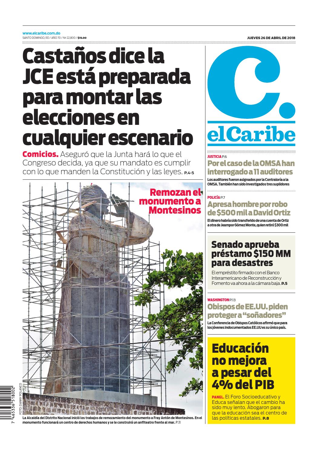 Portada Periódico El Caribe, Jueves 26 de Abril 2018