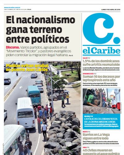 Portada Periódico El Caribe, Lunes 09 de Abril 2018