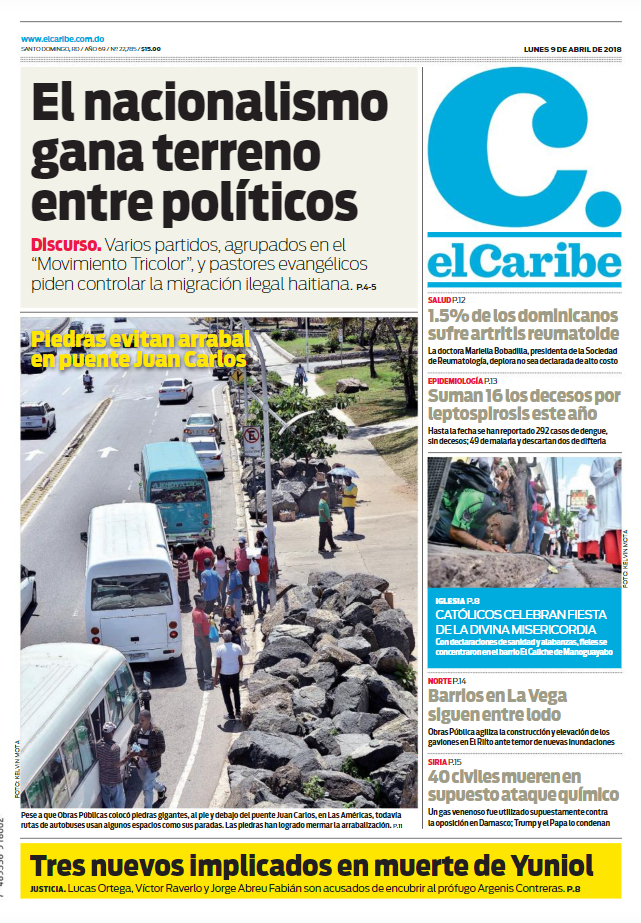 Portada Periódico El Caribe, Lunes 09 de Abril 2018