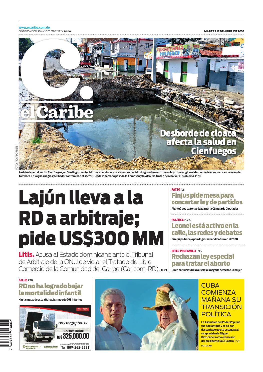 Portada Periódico El Caribe, Martes 17 de Abril 2018