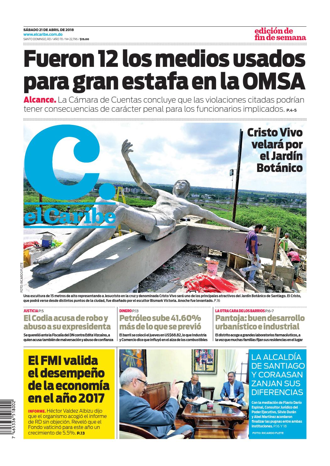 Portada Periódico El Caribe, Sábado 21 de Abril 2018