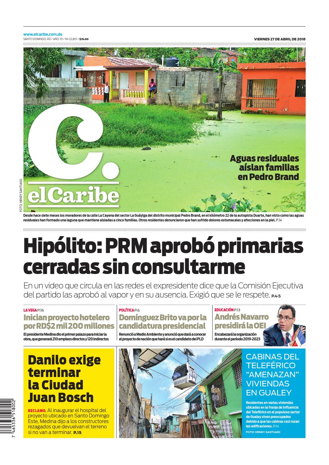 Portada Periódico El Caribe, Viernes 27 de Abril 2018