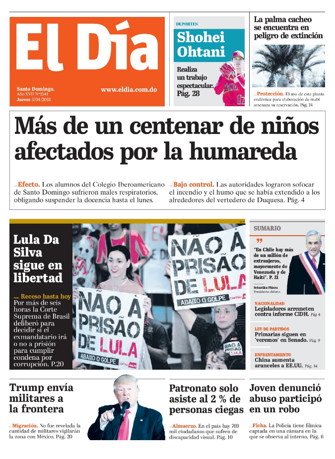 Portada Periódico El Día, Jueves 05 de Abril 2018