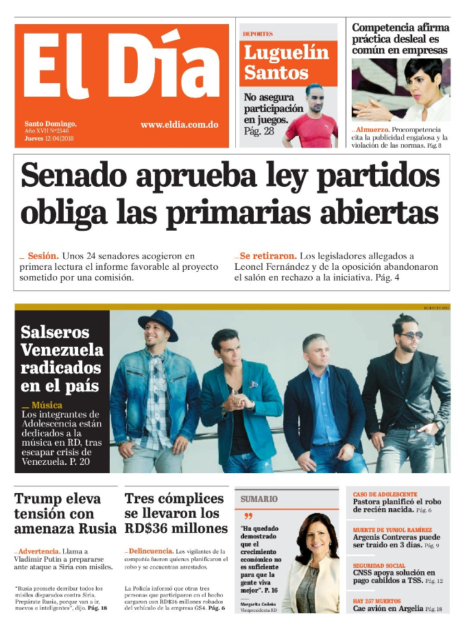 Portada Periódico El Día, Jueves 12 de Abril 2018