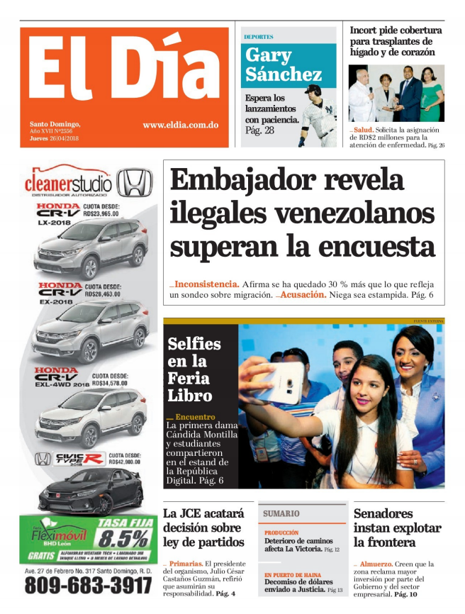 Portada Periódico El Día, Jueves 26 de Abril 2018