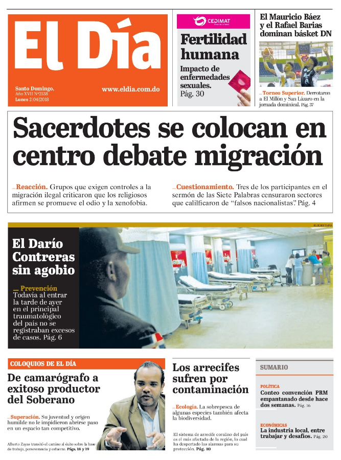 Portada Periódico El Día, Lunes 02 de Abril 2018