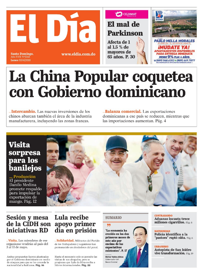 Portada Periódico El Día, Lunes 09 de Abril 2018