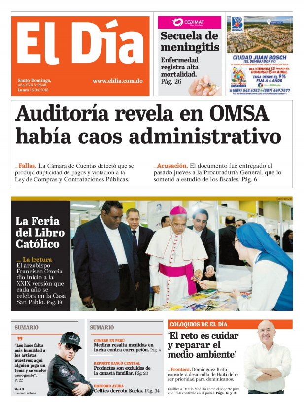 Portada Periódico El Día, Lunes 16 de Abril 2018
