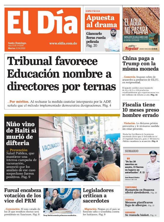 Portada Periódico El Día, Martes 03 de Abril 2018